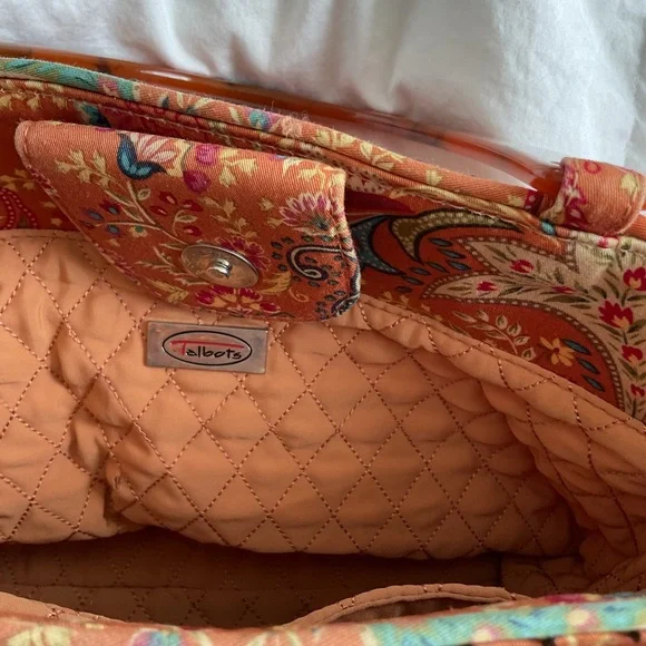 Talbots orange paisley print cotton purse with tortoise-colored plastic Handle - Picture 6 of 6